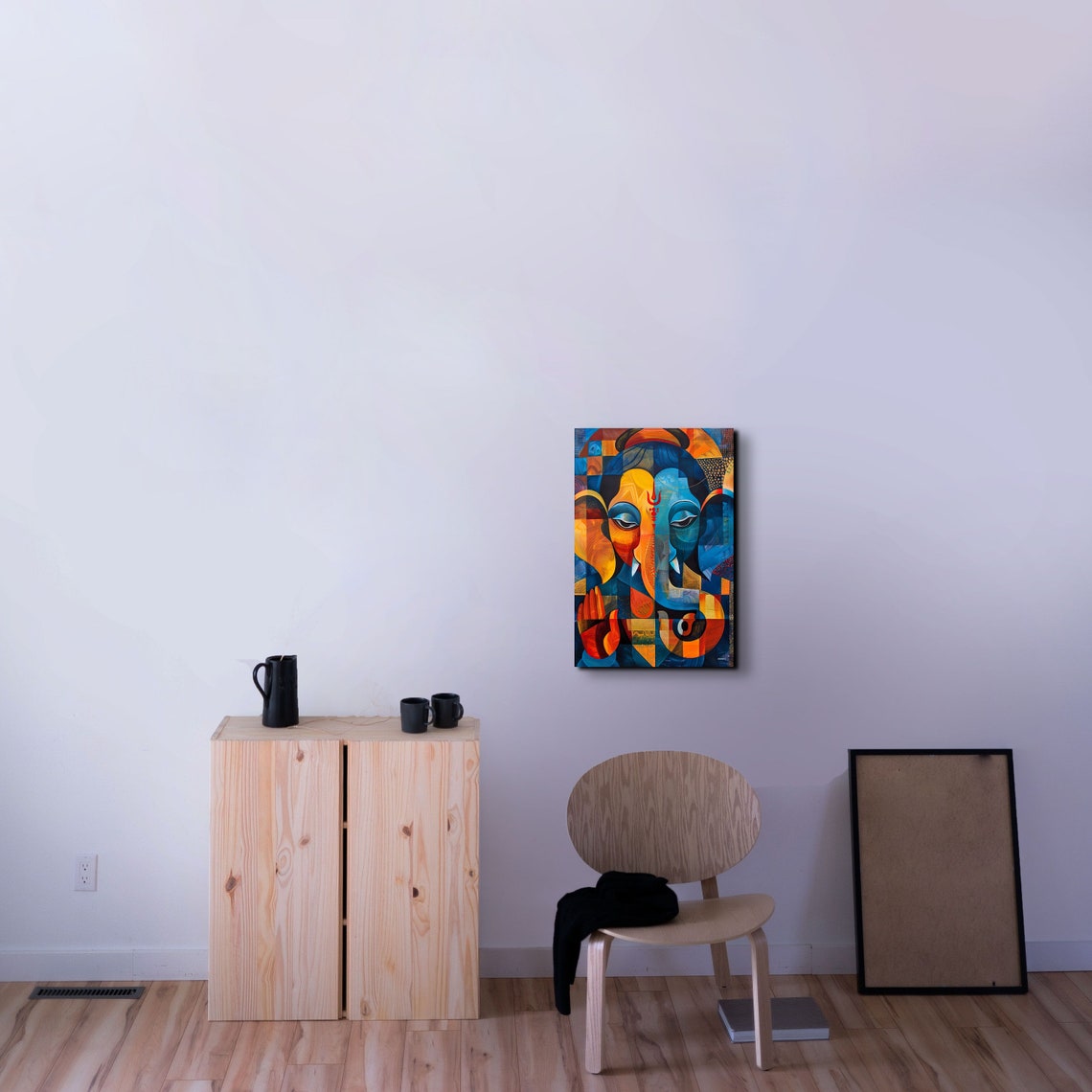 Geometric Cubist Ganesha Portrait in Bold Blue and Orange Wall Art - Image 4