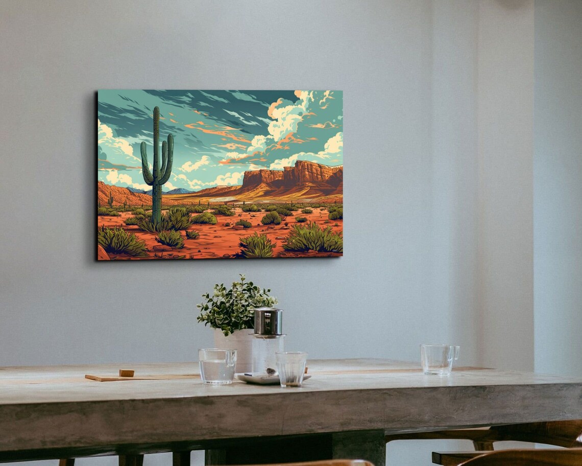 Retro Desert Illustration Saguaro Cactus Red Rock Mesa Wall Art - Image 6