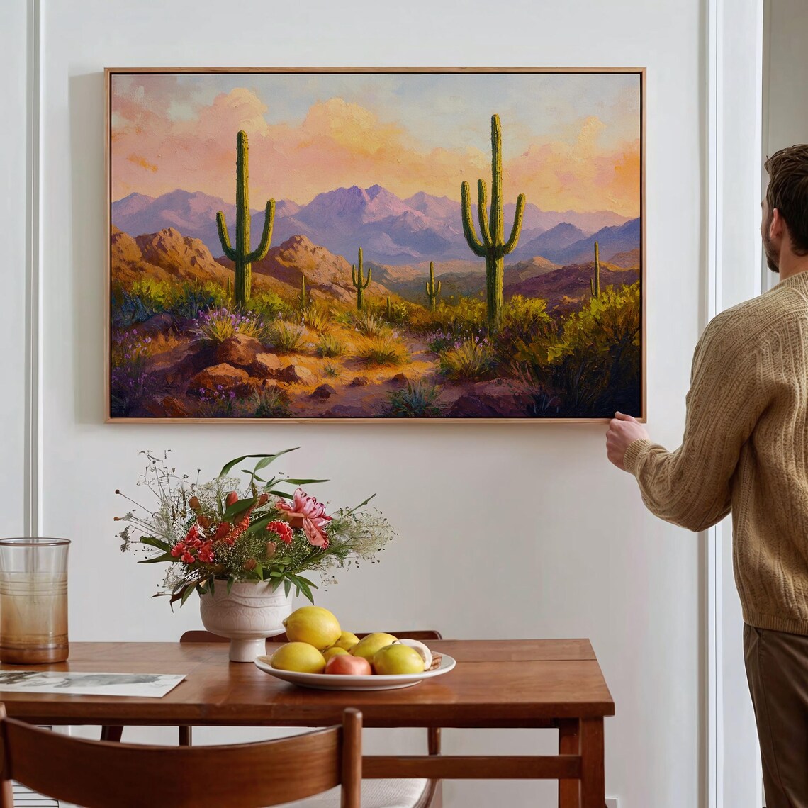 Desert Sunset Saguaro Cactus Mountain Vintage Oil Painting Poster