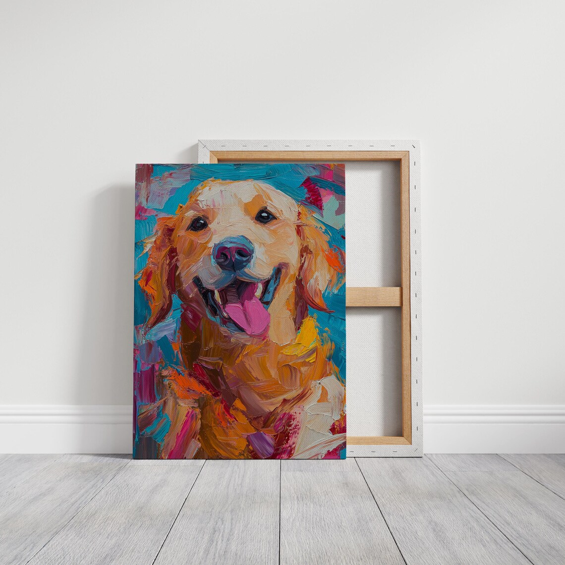Golden Retriever Smiling Face Vibrant Textured Oil Painting Wall Art - Image 6