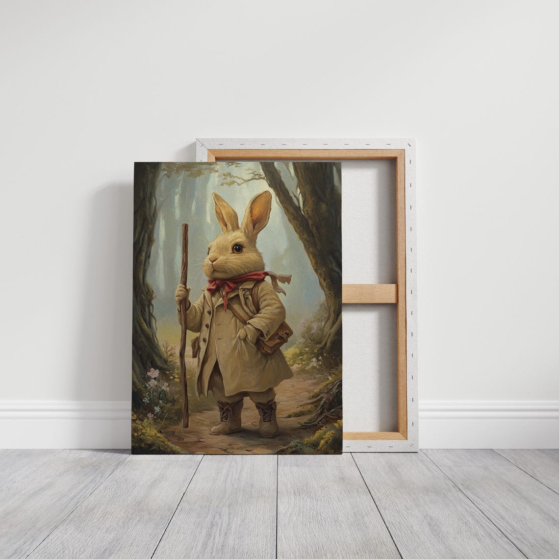 Adventurous Rabbit Traveler in Coat With Staff on Forest Path Poster - Image 3