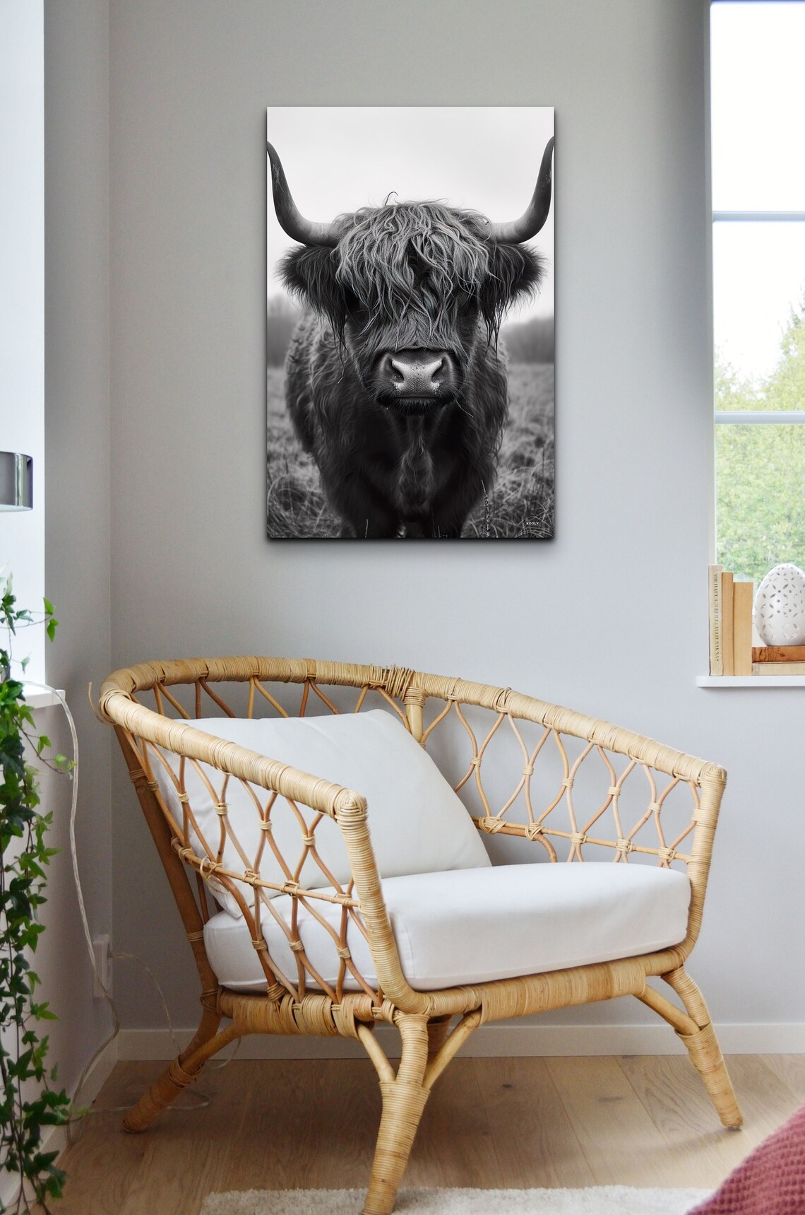 Black And White Highland Cow Close Up Shaggy Portrait Wall Art - Image 5
