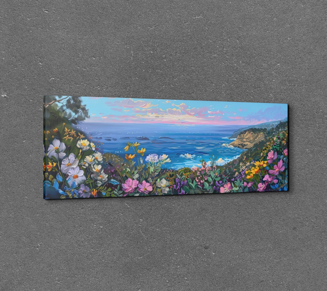 Ocean View From a Flowery Hillside With Crashing Waves Panoramic Poster - Image 3