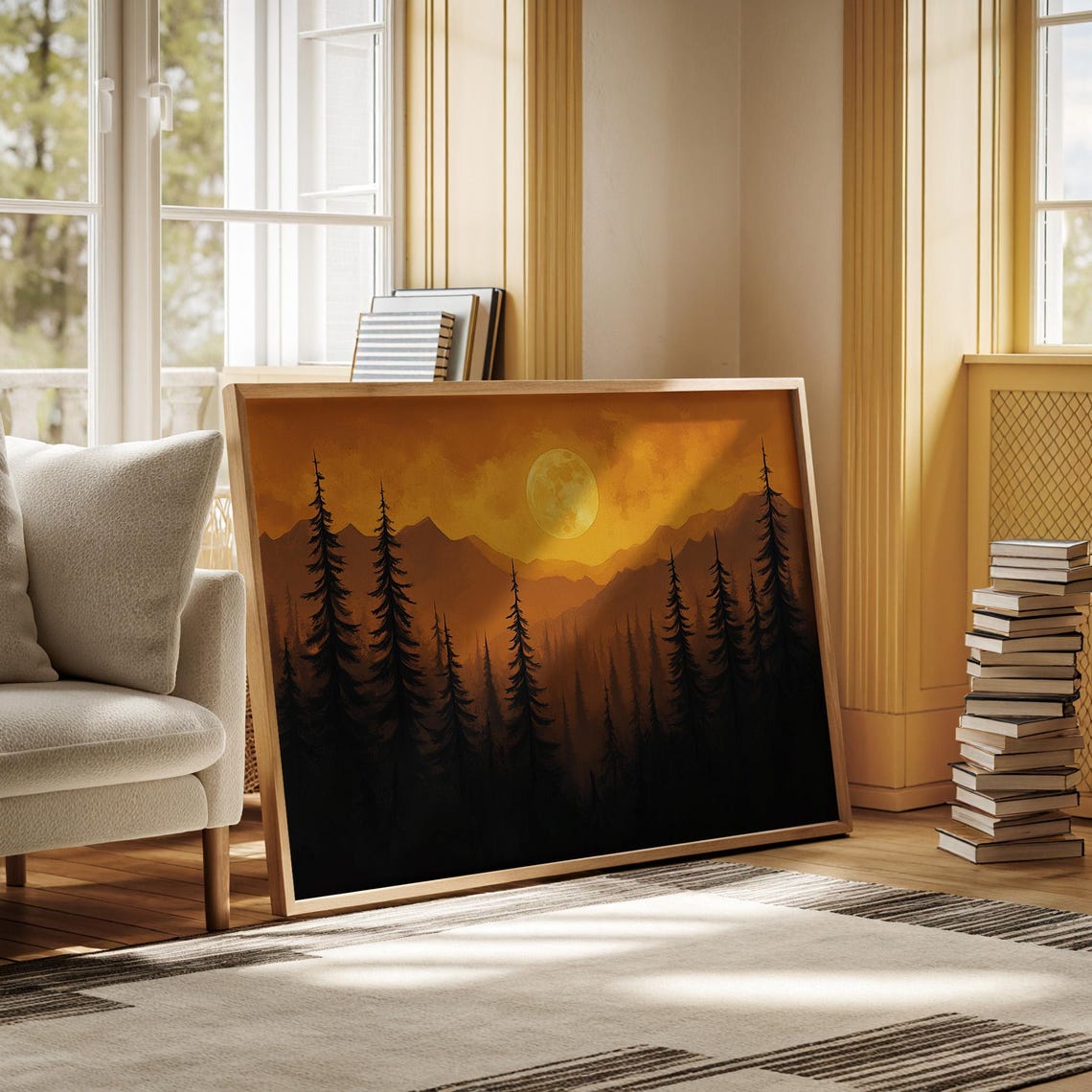A Golden Full Moon Glowing Over A Silhouetted Pine Forest Poster