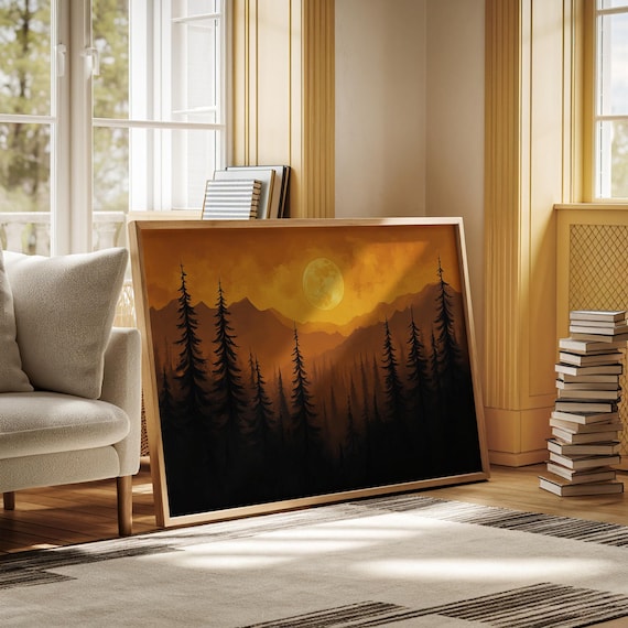 A Golden Full Moon Glowing Over A Silhouetted Pine Forest Poster