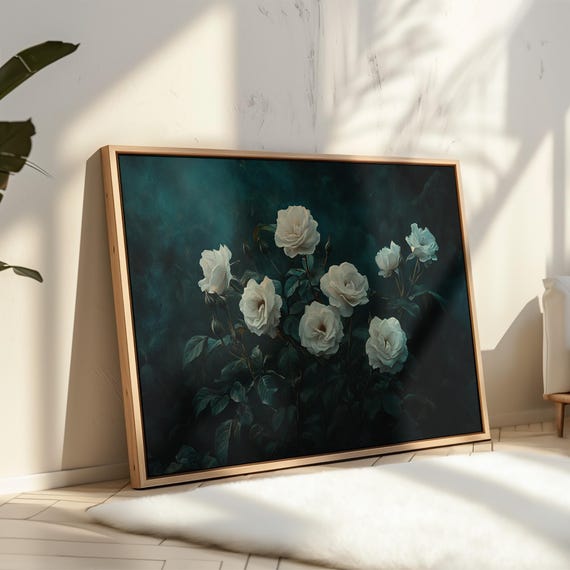 White Roses Canvas Print Dark Floral Wall Art Moody Botanical Decor Elegant Vintage Flowers Romantic Gothic Home