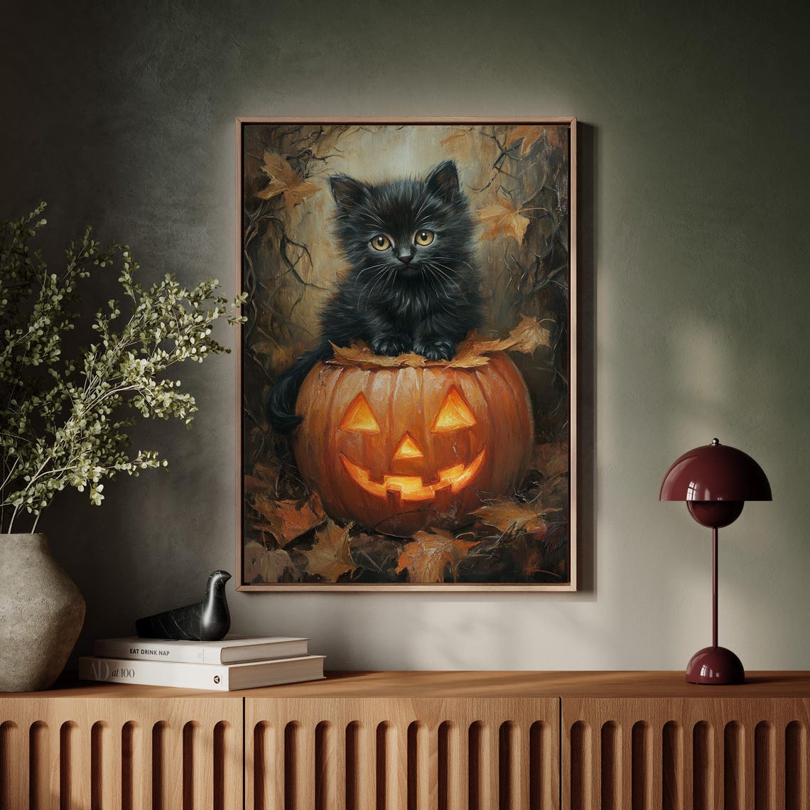 Black Kitten On Glowing Jack O Lantern Cute Halloween Art Poster - Image 7