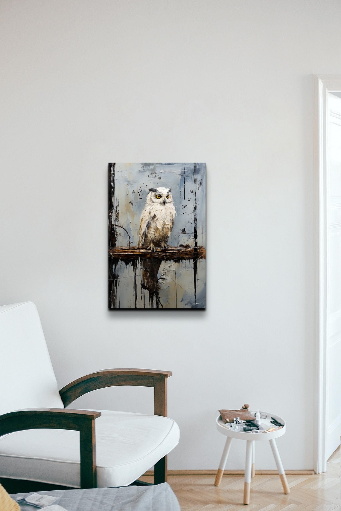 White Owl Perched On Branch Textured Oil Painting Style Poster - Image 7