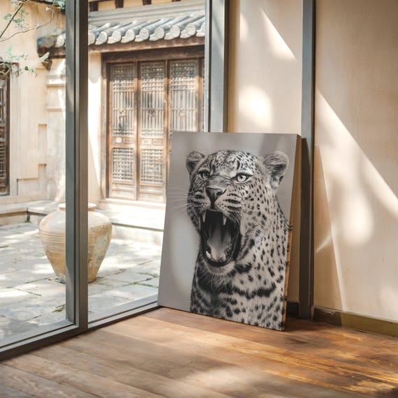 Snarling Leopard Black And White Wildlife Wall Art