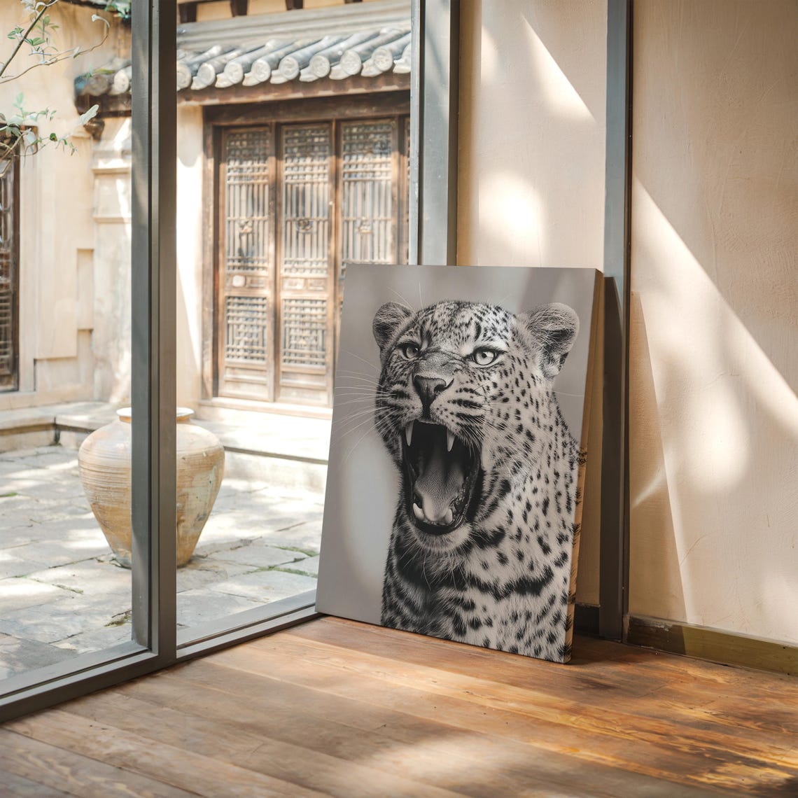 Snarling Leopard Black And White Wildlife Wall Art