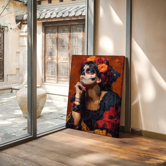 Catrina In Thought With Crimson And Gold Sugar Skull Art Poster