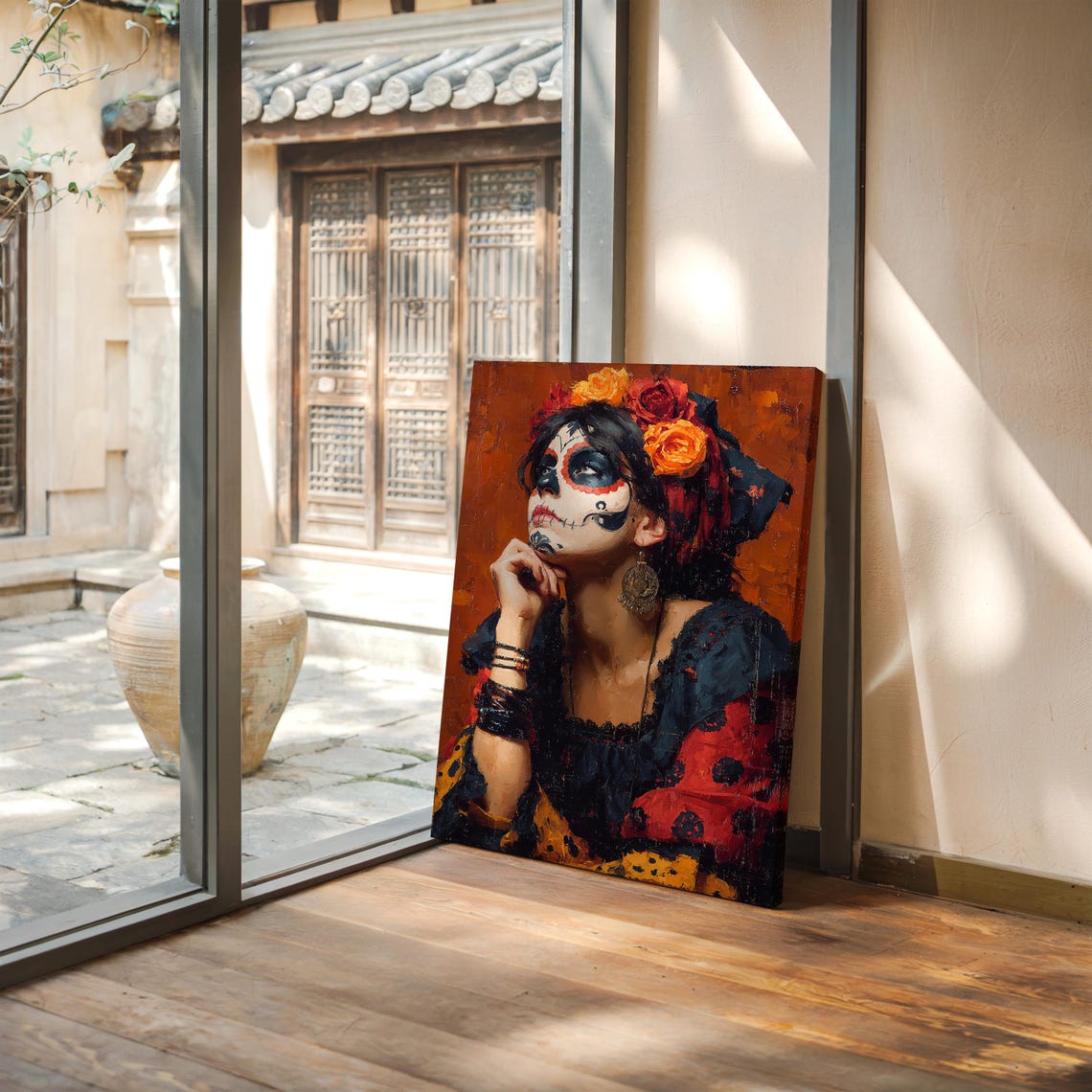 Catrina In Thought With Crimson And Gold Sugar Skull Art Poster