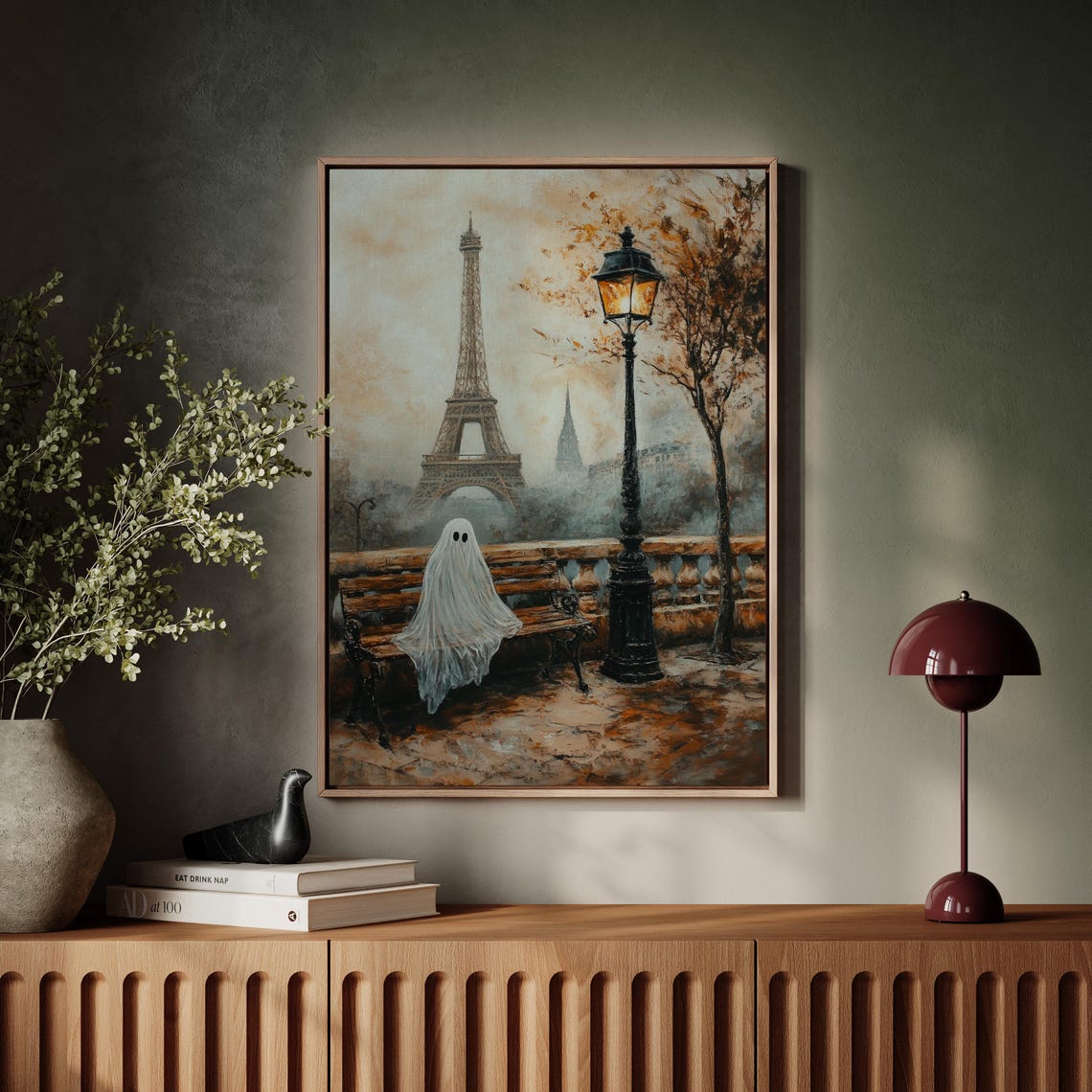 Paris Eiffel Tower Ghostly Autumn Bench Scene Vintage Halloween Poster - Image 4