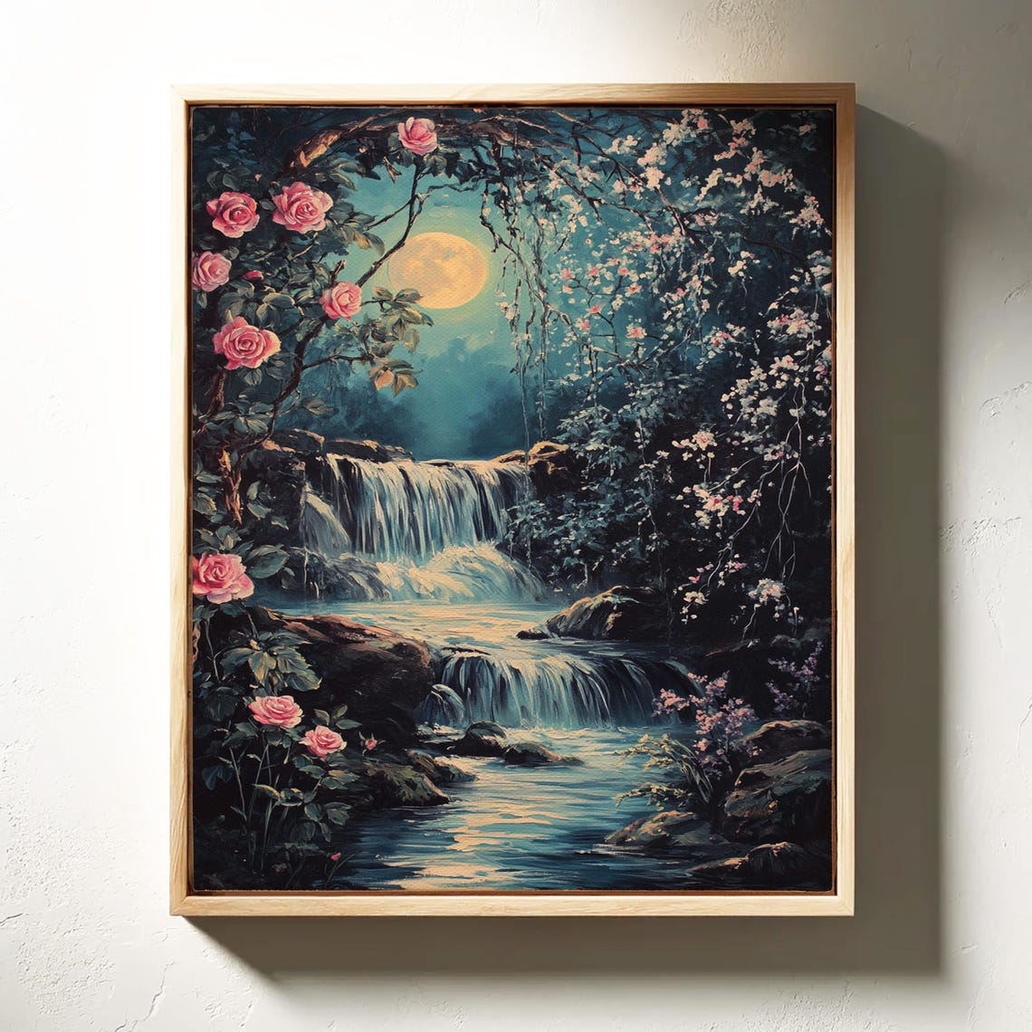 Moonlit Waterfall With Roses Romantic Floral Night Scene Art Poster - Image 6