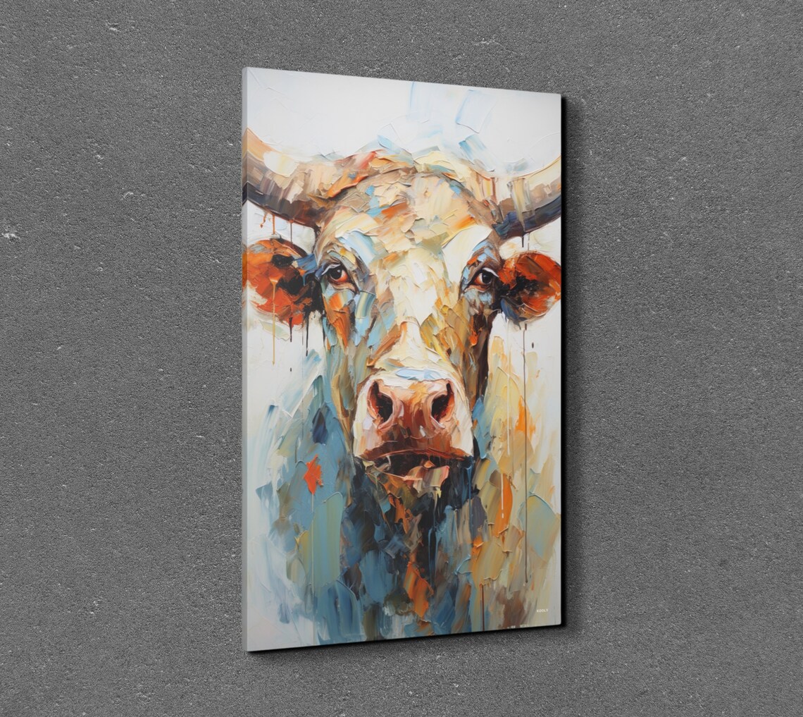Longhorn Steer Portrait In Expressive Orange And Teal Oil Poster - Image 7