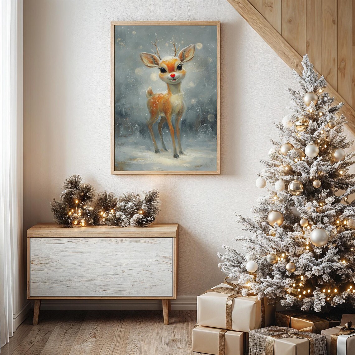 Red Nosed Reindeer Winter Snow Scene Art Print