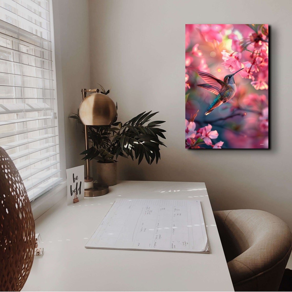 Colorful Hummingbird Hovering Among Pink Cherry Blossoms Poster - Image 7