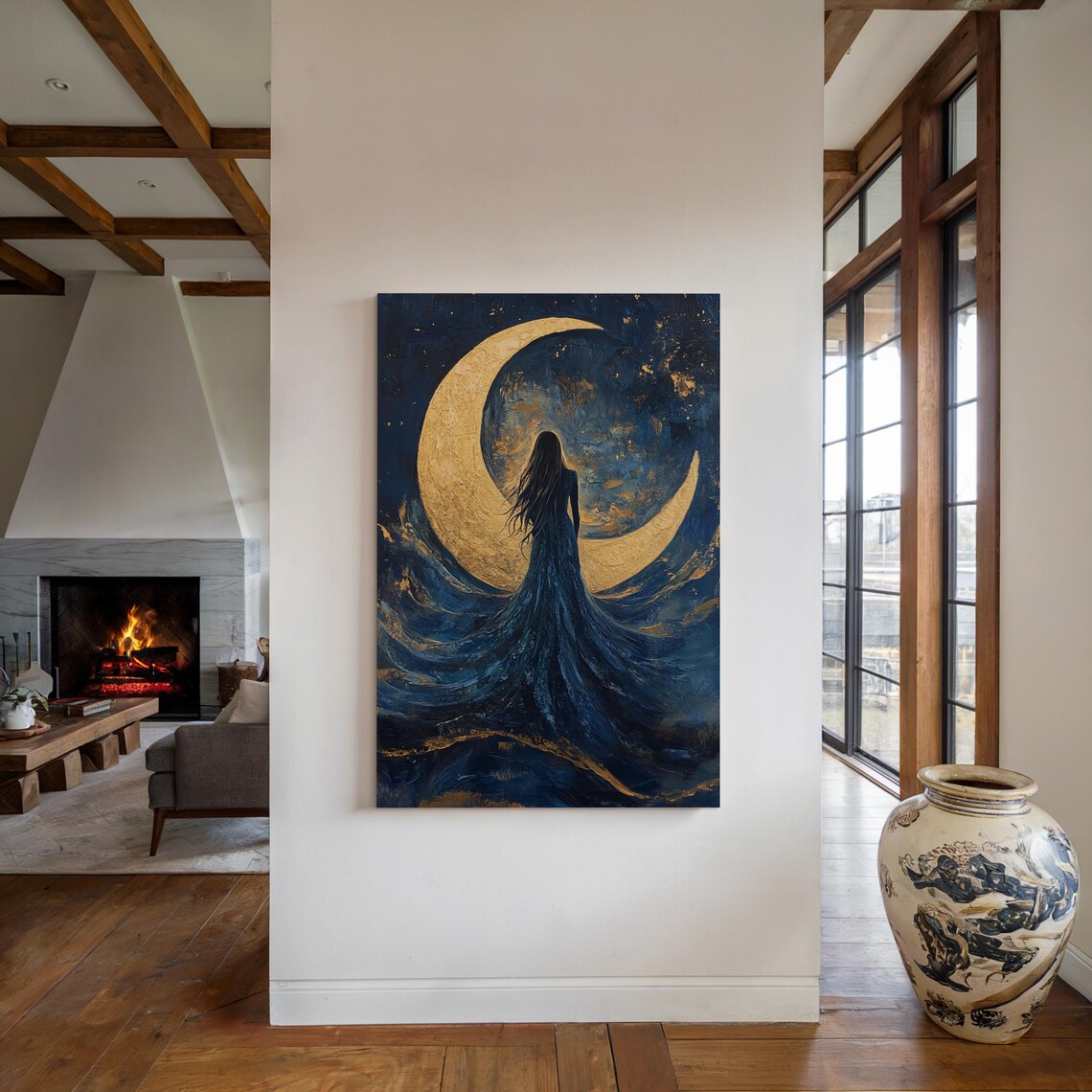 Celestial Woman Blue Flowing Dress Golden Crescent Moon Mystical Poster - Image 4