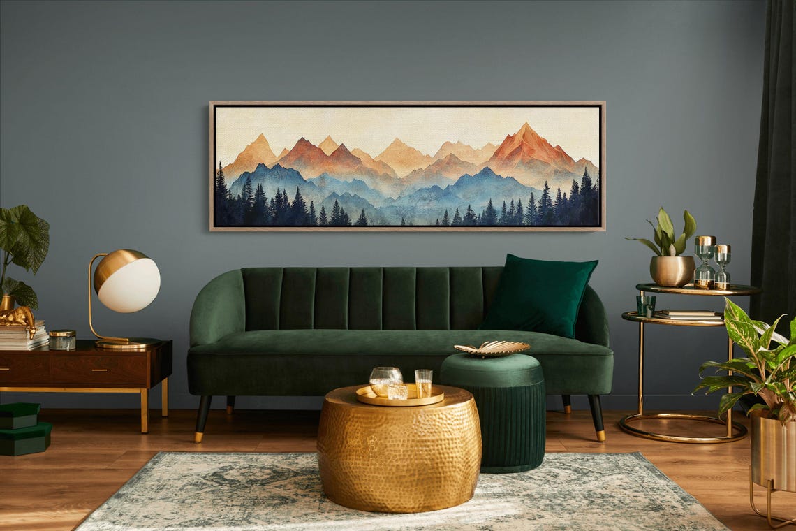 Layered Mountain Ranges Warm Sunset Watercolor Forest Pines Poster - Image 6