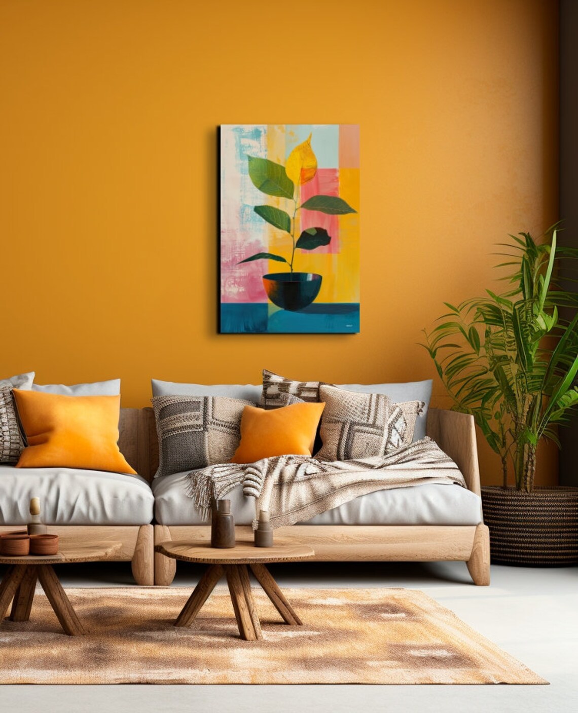Potted Green Plant Colorful Block Background Modern Still Life Poster - Image 3