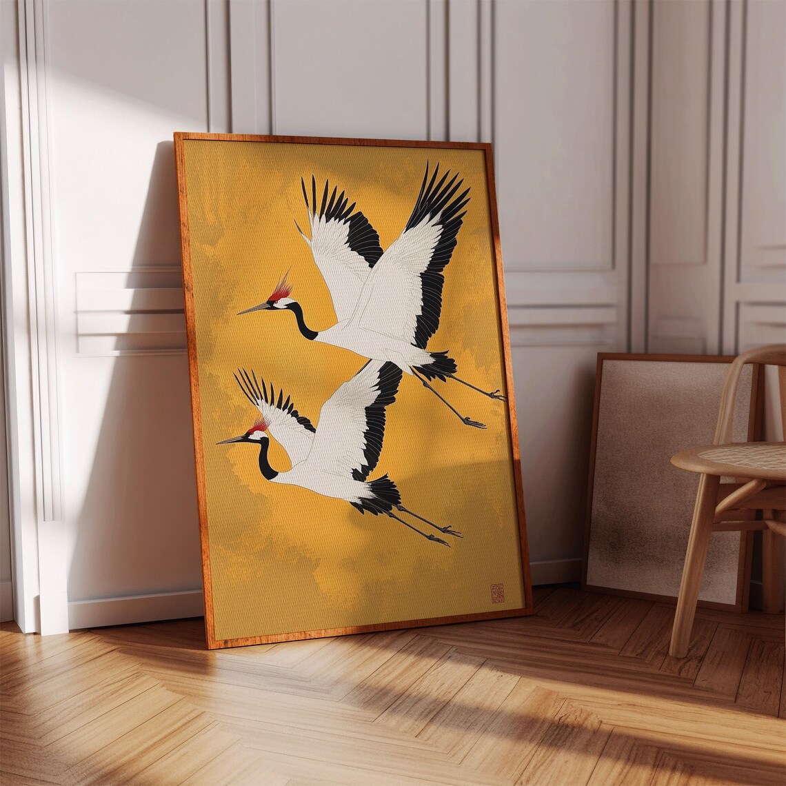 Pair of Red Crowned Cranes Soaring on Gold Japanese Art Poster - Image 4