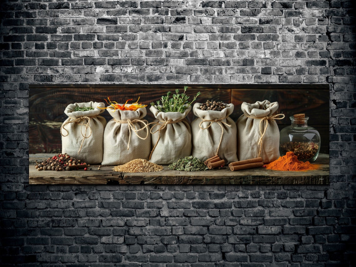 Burlap Spice Sacks Wooden Shelf Rustic Kitchen Herb Wall Art - Image 2