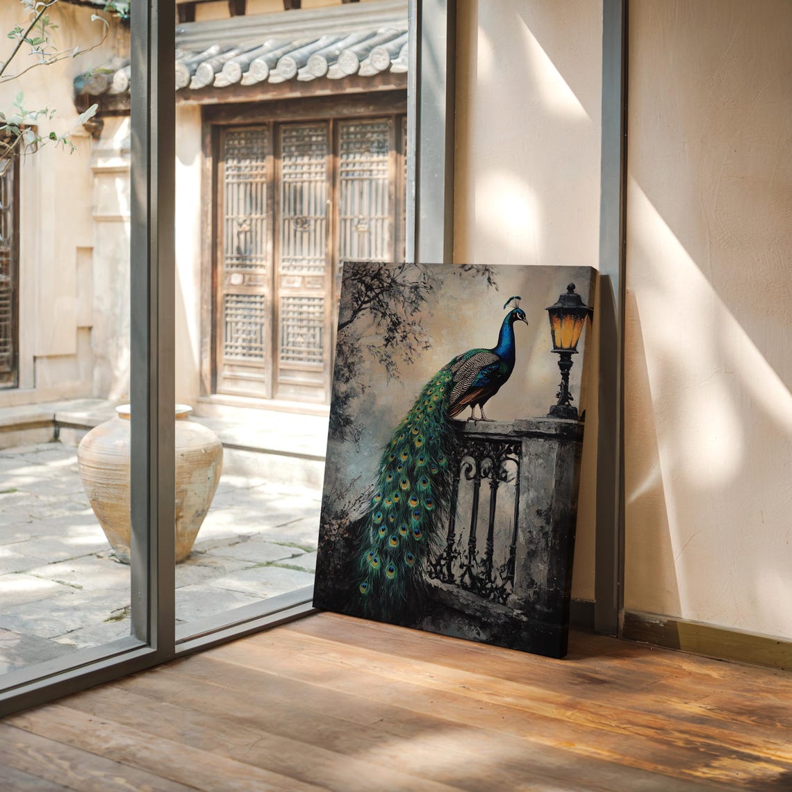 Elegant Peacock On Stone Ledge Beside Antique Lamp Art Poster - Image 5