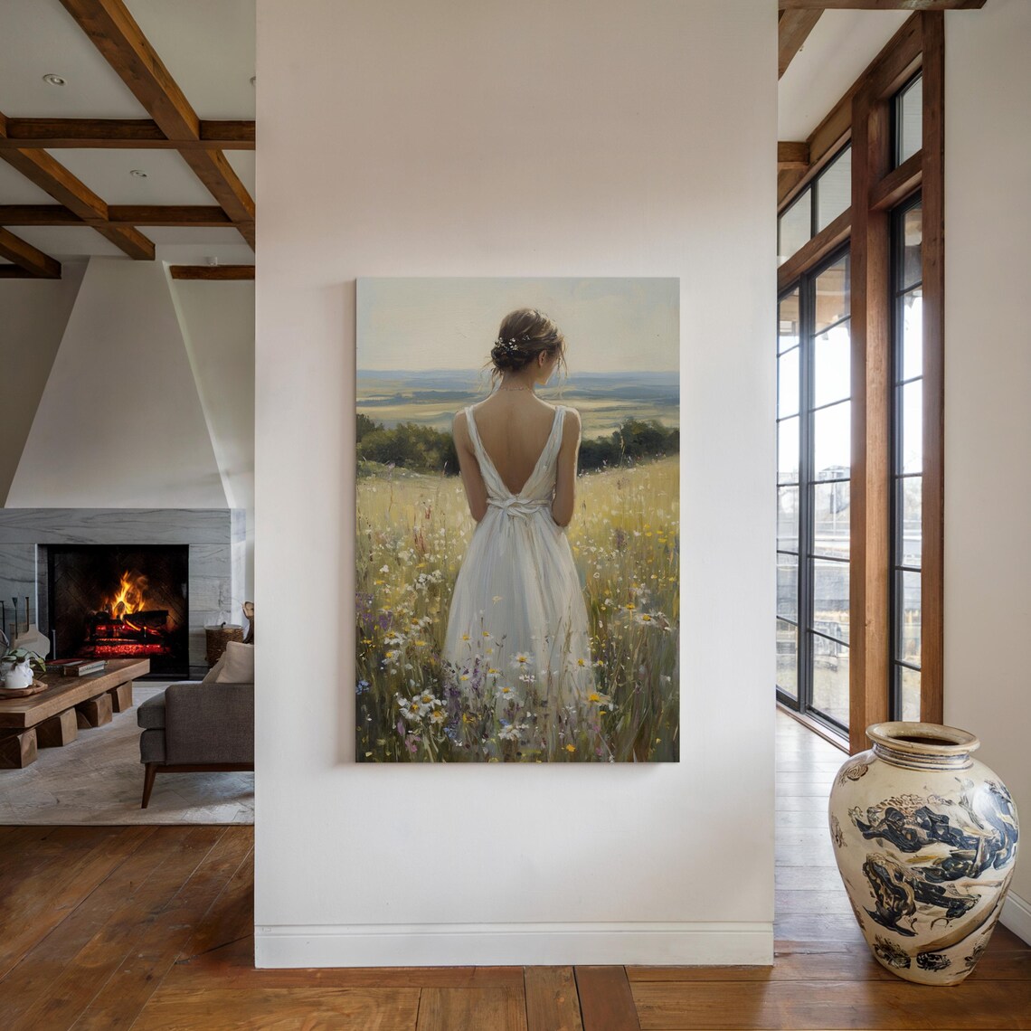 Woman In White Dress Wildflower Meadow Overlooking Valley Poster - Image 6
