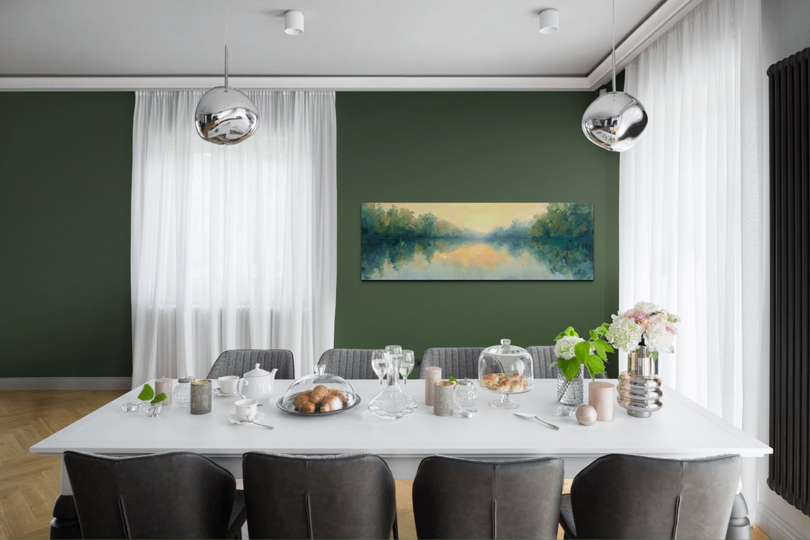 Serene Sunrise Over Still Lake Soft Green Gold Impressionist Poster - Image 5