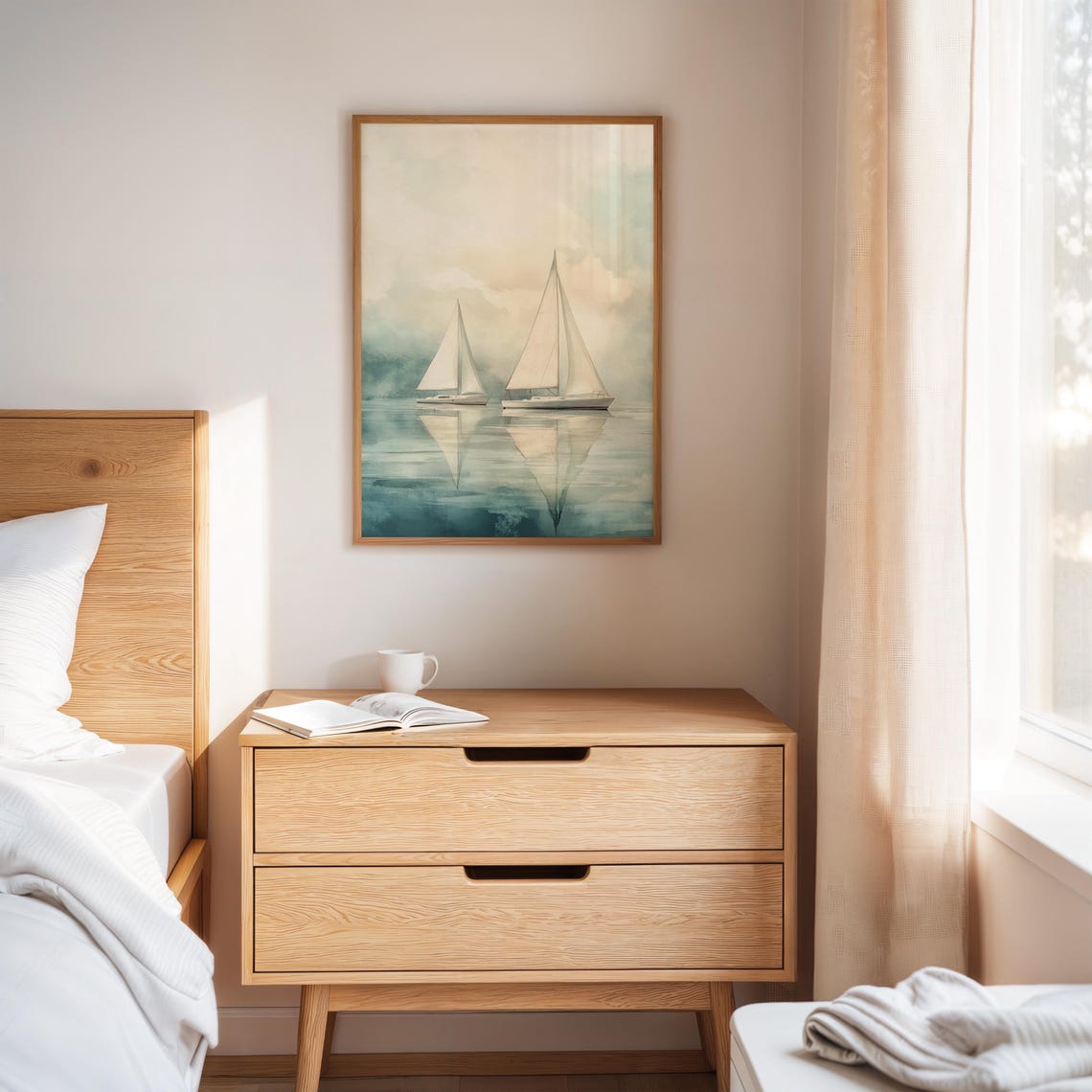 Two Sailboats in Misty Watercolor Soft Blue Calm Seascape Poster - Image 2