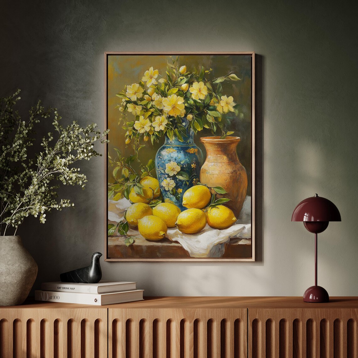 Rustic Still Life Lemons Yellow Florals Blue Vase Kitchen Art Poster - Image 7