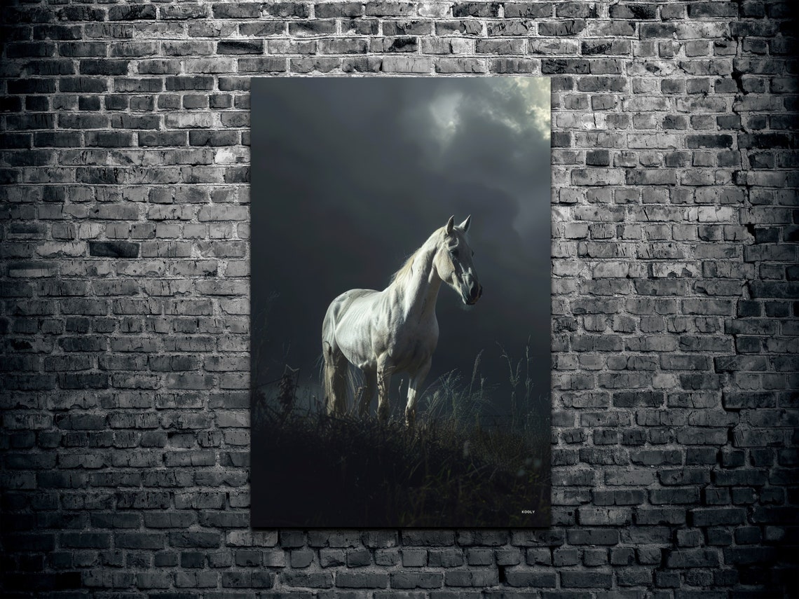 White Horse Standing In Dark Stormy Field Dramatic Equine Poster - Image 2