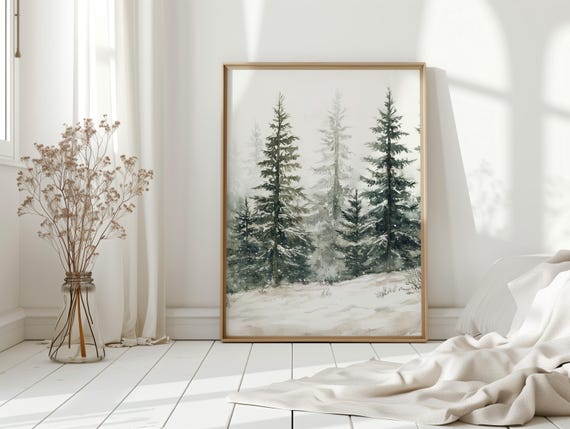 Snowy Evergreen Forest Winter Scene Tranquil Watercolor Pine Trees Canvas Wall Art For Cozy Rustic Cabin Decor