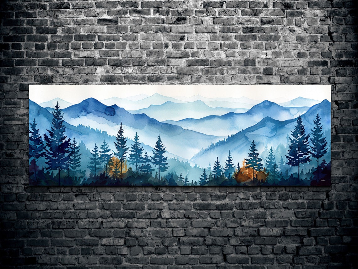 Foggy Blue Pine Forest Mountain Layers Watercolor Panorama Poster - Image 2