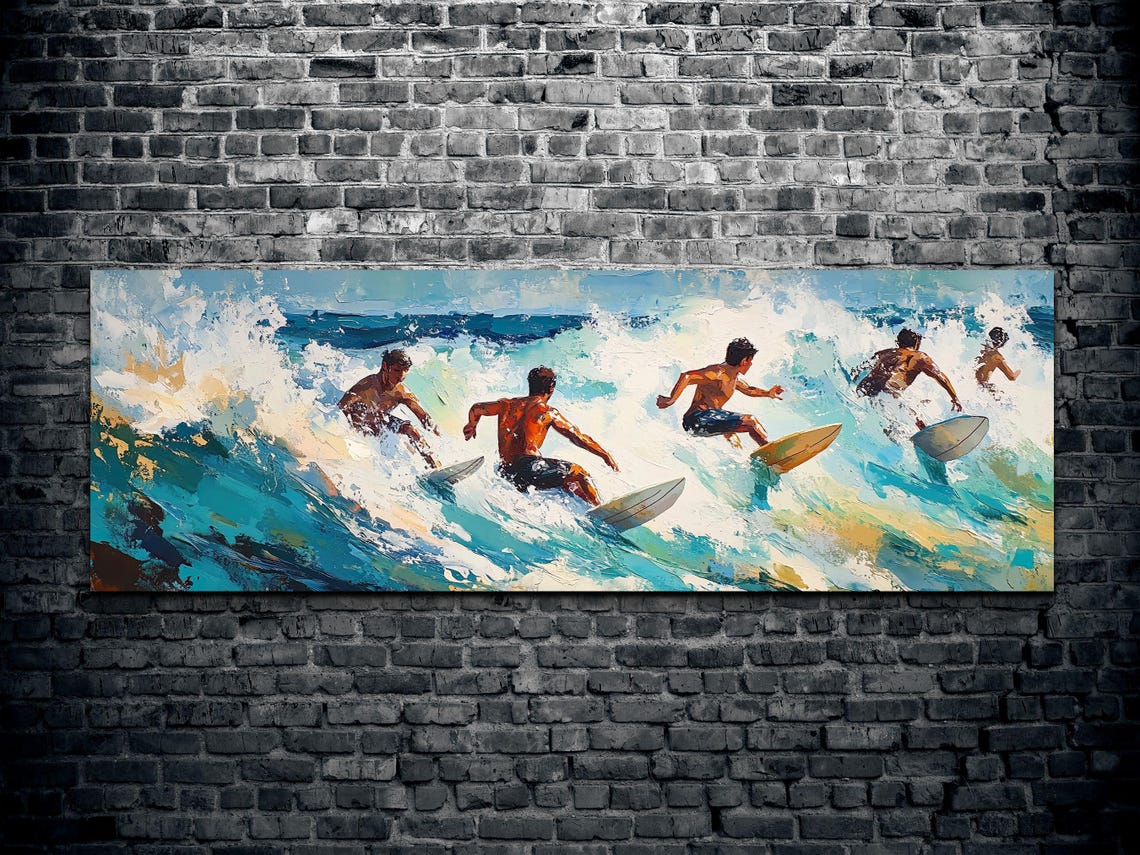 Retro Surfing Panoramic Wall Art Ocean Landscape Art Ready To Hang Panoramic Wall Art Print Large Wall Art - Image 2