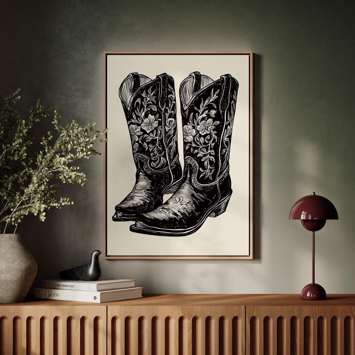 Black Cowboy Boots with White Floral Embroidery Ink Drawing Poster - Image 5