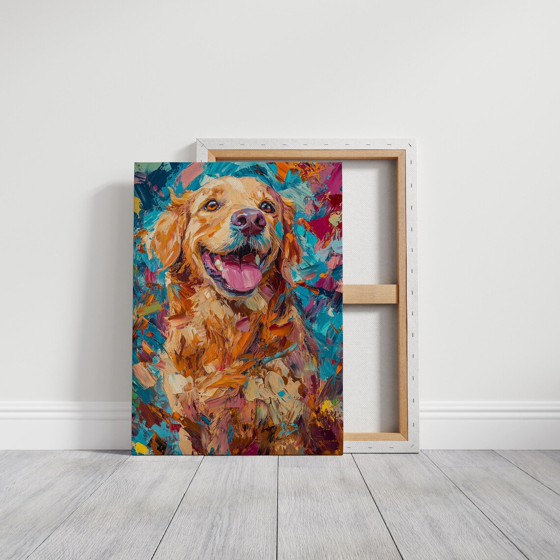 Colorful Golden Retriever Happy Dog Portrait Impasto Painting Wall Art - Image 5