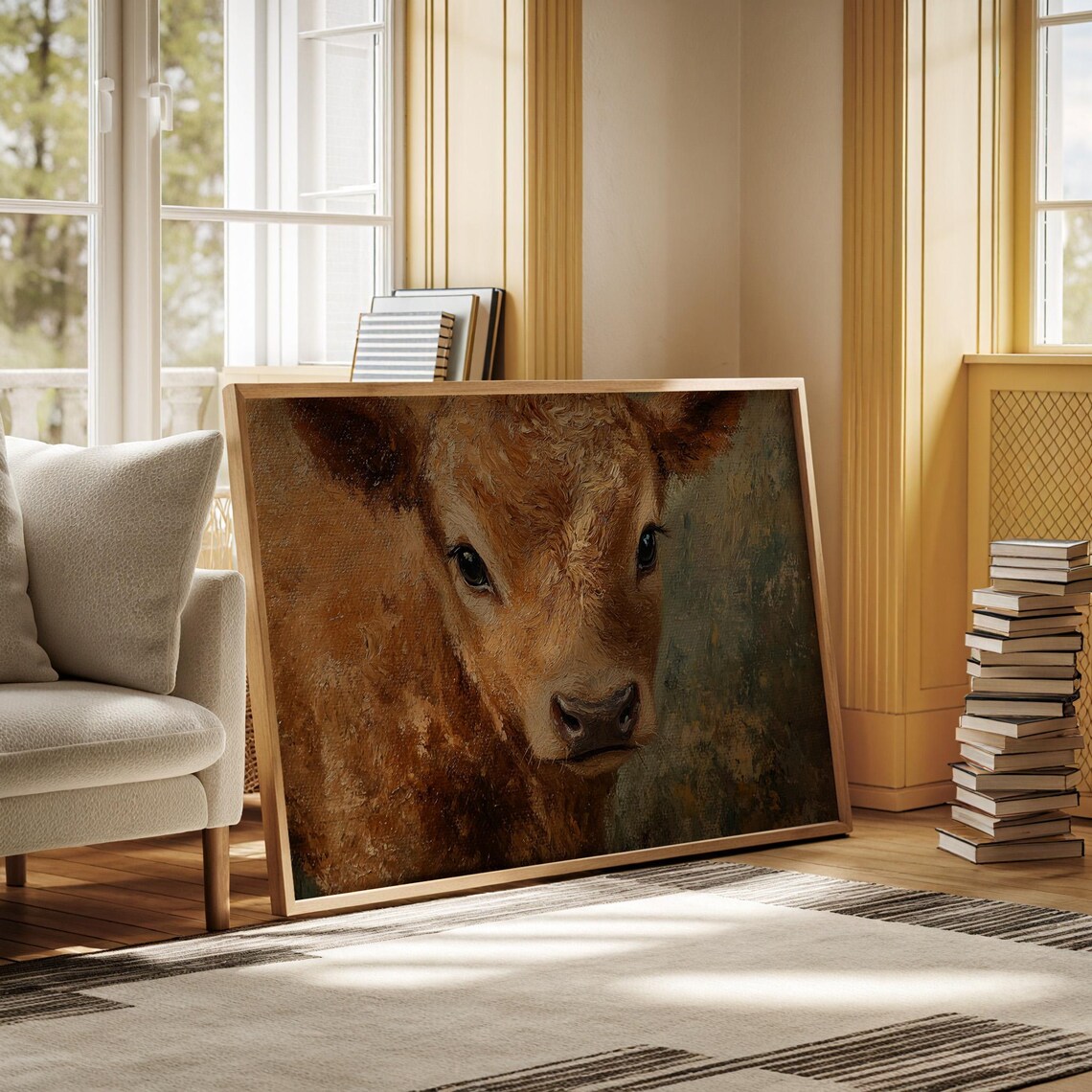 Realistic Brown Calf Portrait Oil Painting Farm House Wall Poster