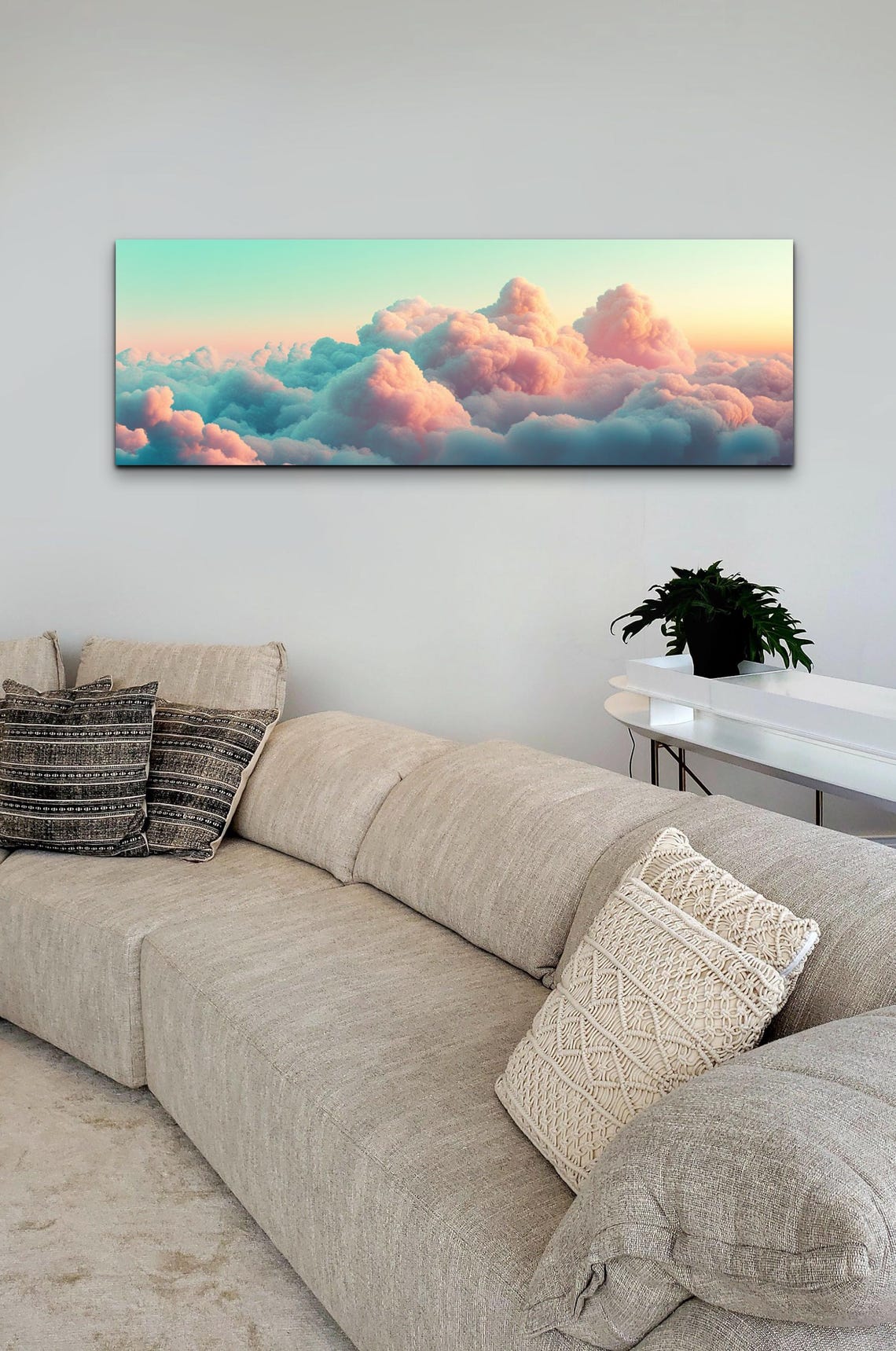 Beautiful Serene Clouds Pink Teal Landscape Art Ready To Hang Panoramic Wall Art Print Large Wall Art - Image 4