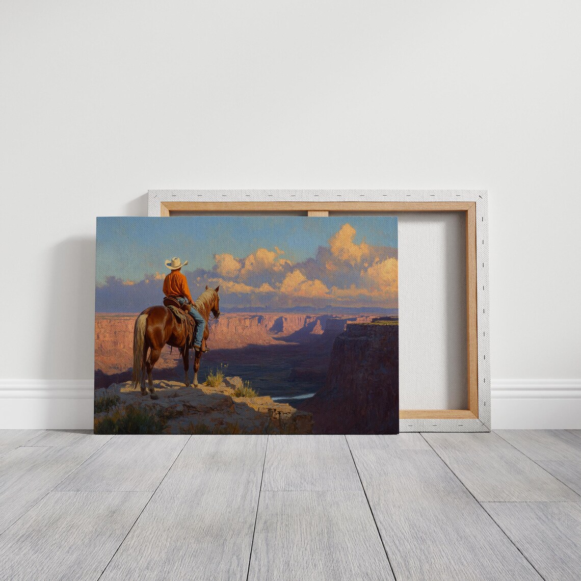 Cowboy on Horse Overlooking Sunset Canyon Western Landscape Poster - Image 3