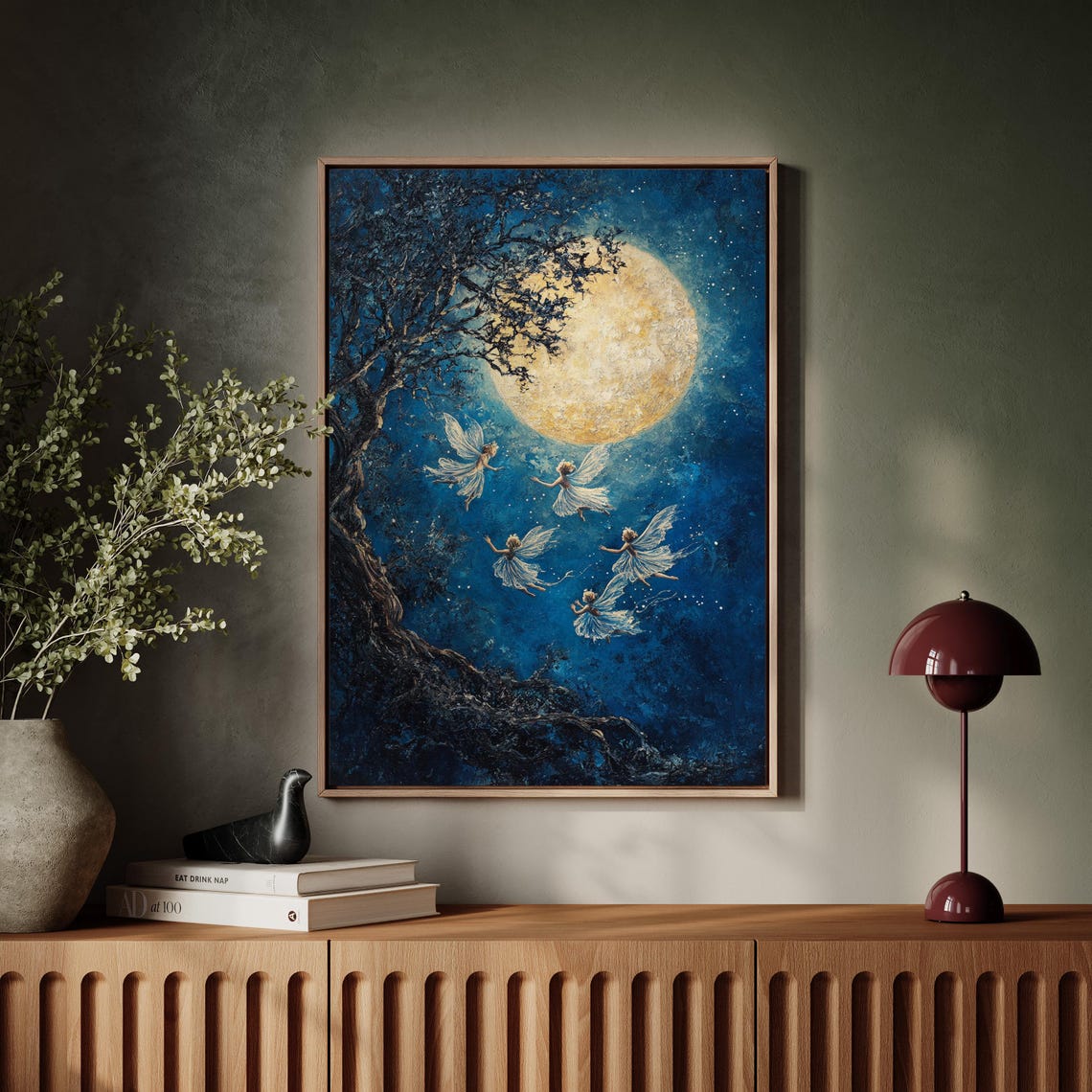Five Fairies Dancing Under Golden Full Moon Beside Old Tree Poster - Image 4