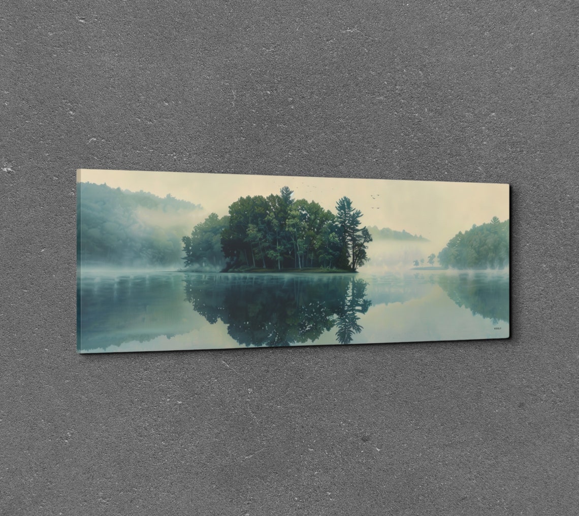 Foggy Lake With Green Island Mirror Reflection Nature Poster - Image 3