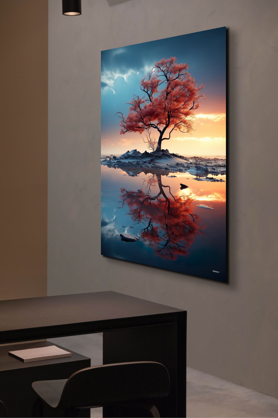 Red Tree Island Mirror Reflection Lake Sunset Serene Art Poster - Image 4