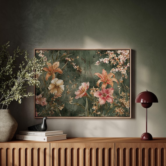 Vintage Floral Canvas Wall Art Botanical Lilies And Blossoms Painting Rustic Print With Green Backdrop For Elegant Home Dcor