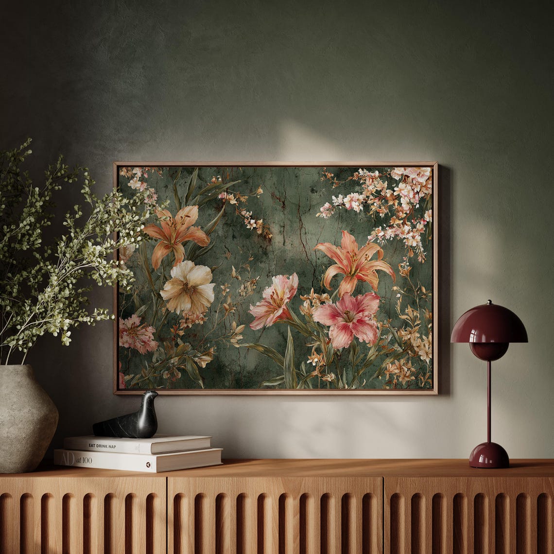 Romantic Blush Lily Blossom Bouquet Dark Green Floral Poster