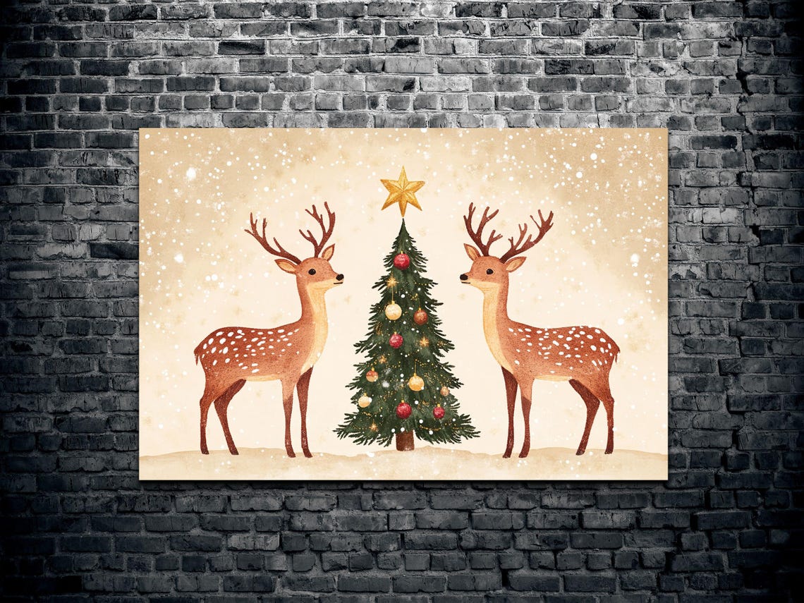 Two Deer Christmas Tree Gold Star Snowy Vintage Holiday Scene Poster - Image 2