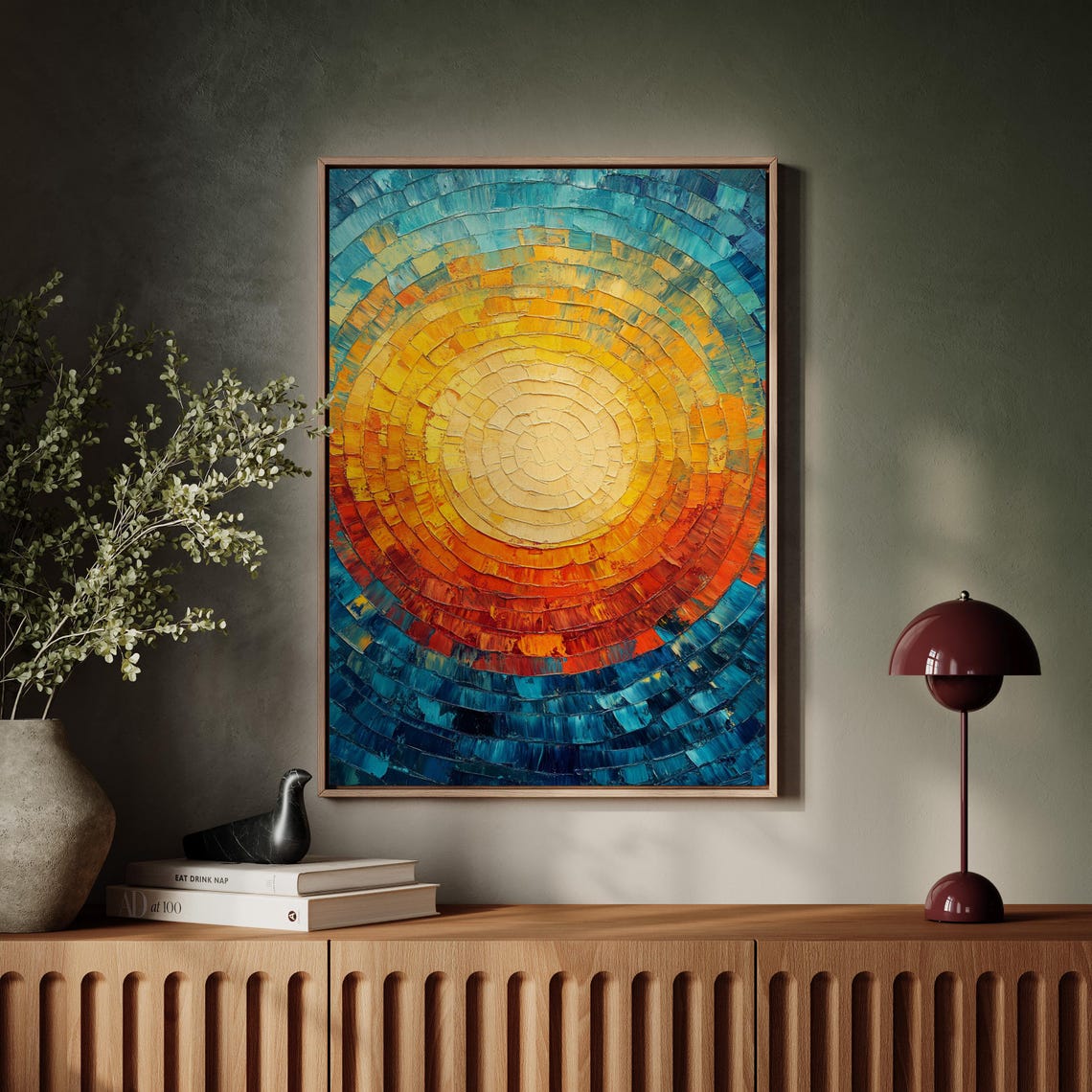 Abstract Sunburst Fiery Red Orange Deep Blue Texture Wall Poster - Image 2