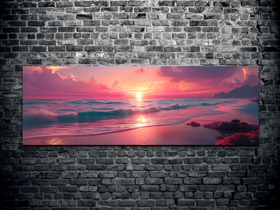 Pink Sunset Beach Waves Panoramic Ocean Glow Seascape Poster - Image 2