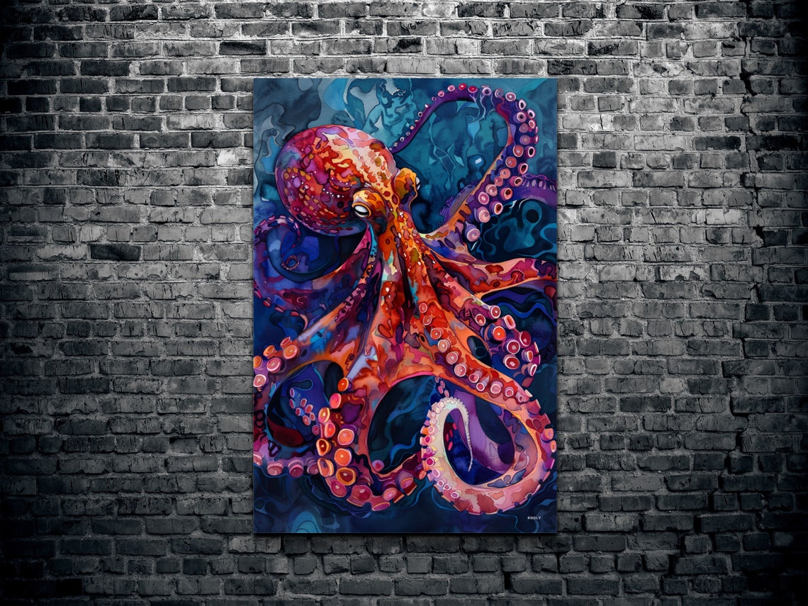 Vibrant Red Octopus With Curling Tentacles Deep Blue Water Poster - Image 2