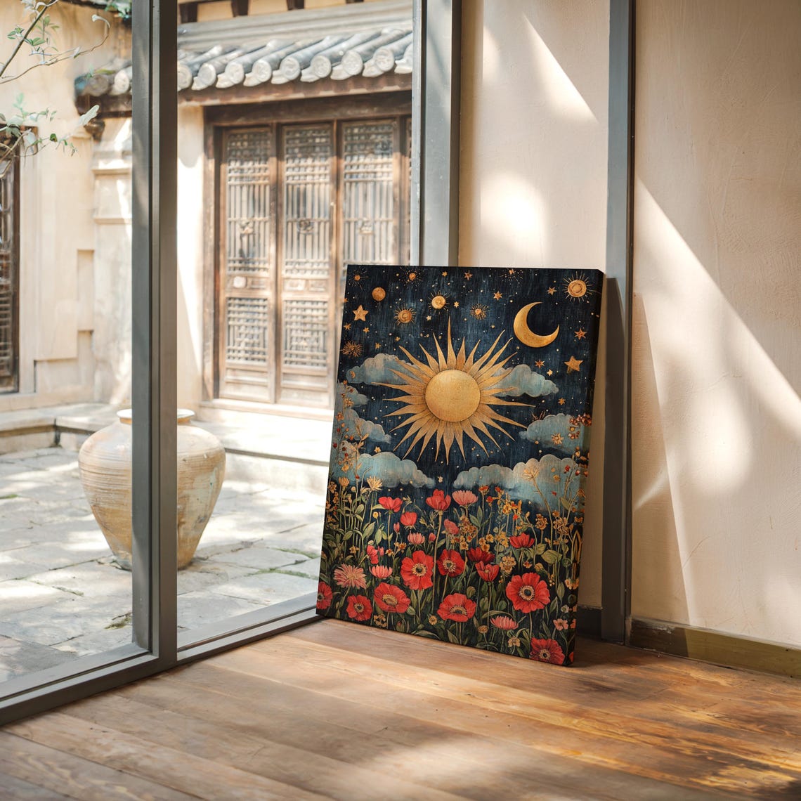 Golden Sun And Crescent Moon Over Red Poppy Meadow Night Poster - Image 7
